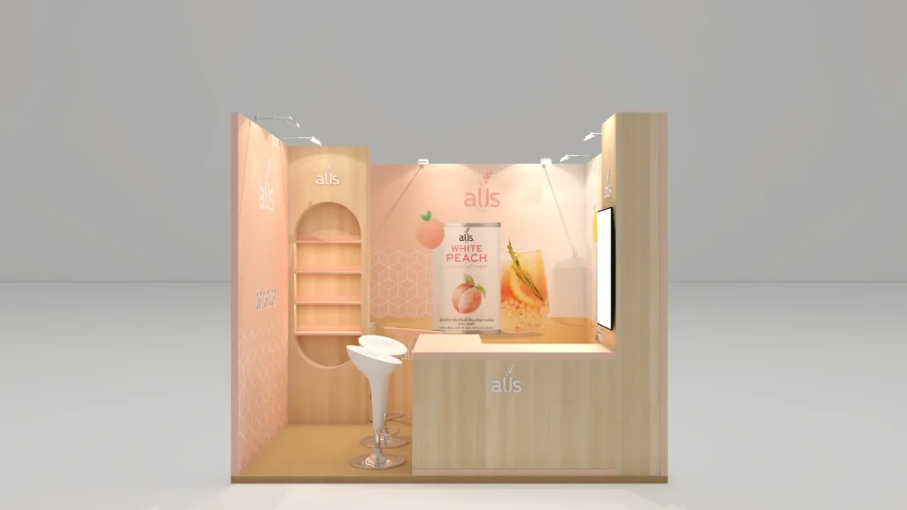 ไอเดียการ ออกแบบบูธ 3x3 โทนสีสว่างสไตล์มินิมอลสำหรับธุรกิจ SME งบน้อย